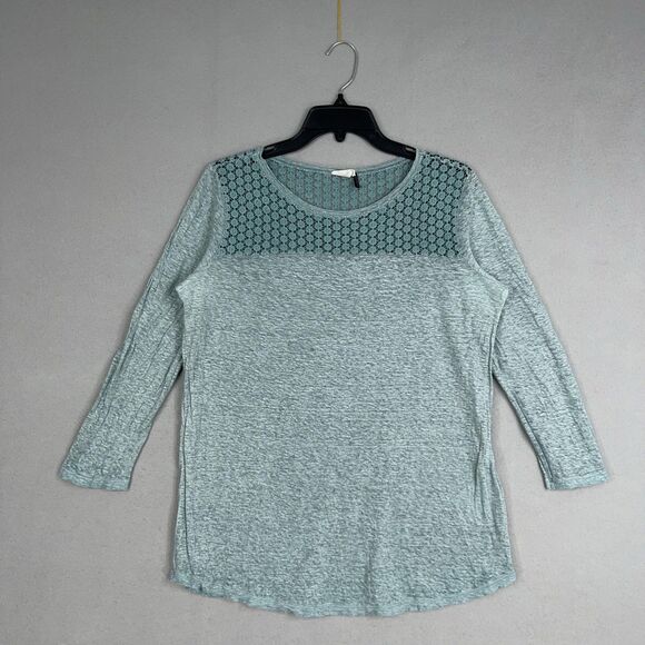 Akemi + Kin Tops - Anthropologie Akemi Kin Shirt Womens Medium Blue Crochet Lace Coastal 100% Linen
